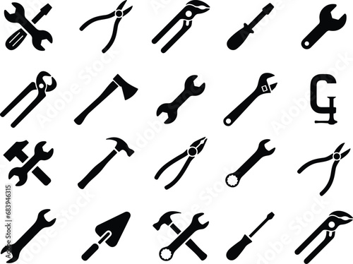 Set of Working Tools Icon. Hammer turn screw tools icon. Instrument collection. Mechanic tool. Construction and repair tools Vector illustration photo
