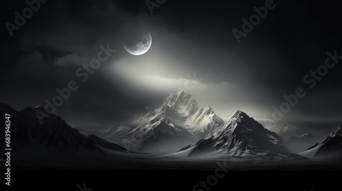  a black and white photo of a mountain range with a moon in the sky and a moon in the distance.