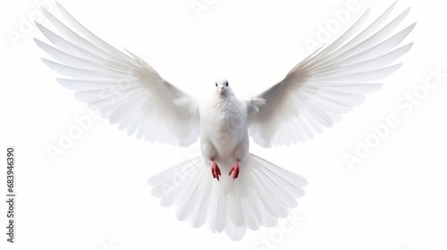 A free flying white dove isolated on a white background. AI photo
