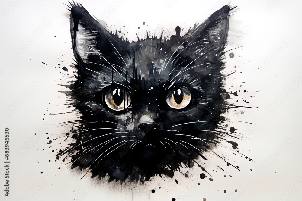 An imitation of a generative AI  watercolor painting of a black cat with yellow eyes sitting on a white background. There are a few splashes of paint and strokes with artistic imagination 