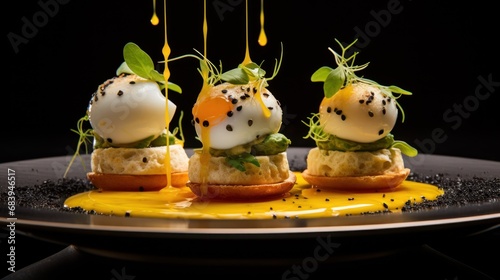  a black plate topped with mini sandwiches covered in cheese and veggies and topped with a poached egg.