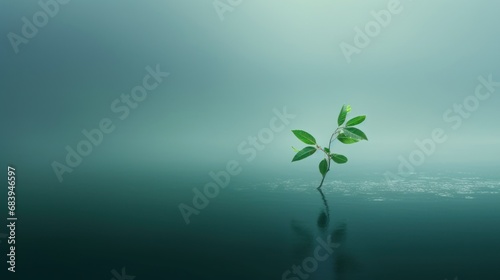  a small green plant sprouts out of the water in the middle of a foggy, blue sky.