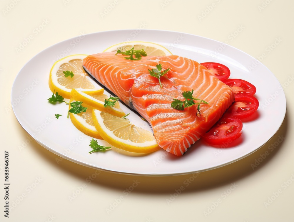 Savor the Freshness: Gourmet Salmon Dish with Zesty Lemon and Tomato Accents Generative AI Savor the Freshness: Gourmet Salmon Dish with Zesty Lemon and Tomato Accents Generative AI
