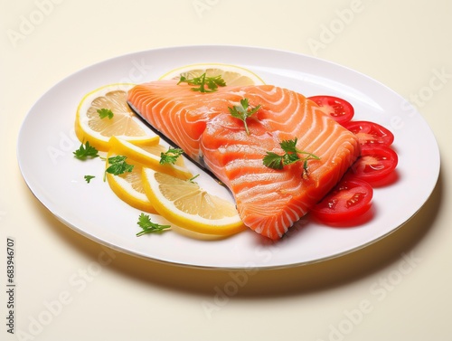 Savor the Freshness: Gourmet Salmon Dish with Zesty Lemon and Tomato Accents Generative AI
