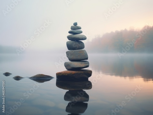 Mystical Zen: Enchanting Stone Stacks in Foggy Lakeside Meditation Generative AI