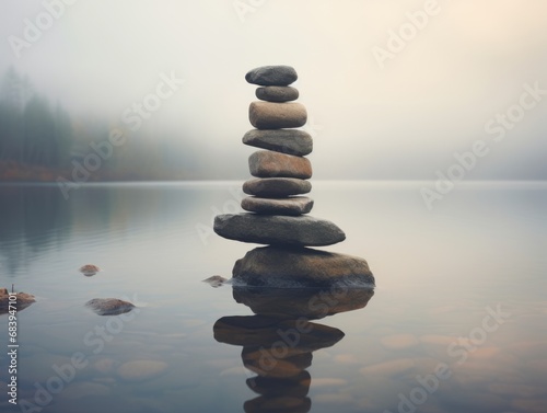Enigmatic Stacked Stones at Foggy Lake: Discover the Art of Zen Meditation Generative AI