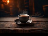 Indulge in the Enigmatic Aroma: A Cup of Coffee in the Dark Wooden Ambience Generative AI