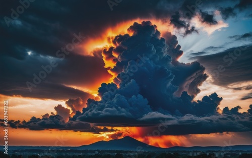 Fiery red blood vampire dawn. amazing warm dramatic fire blue dark cloudy sky. orange sunlight. atmospheric background of sunrise in overcast weather. hard cloudiness. storm clouds warning. copyspace