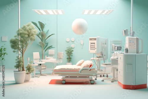 3d cartoon illustration of a hospital room with bed, machines, and equipment for diagnosis and treatment photo