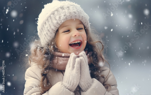Cute and Happy Little Girl Enjoying Snow - Embracing the Holiday Season with Snowy Christmas Cheer