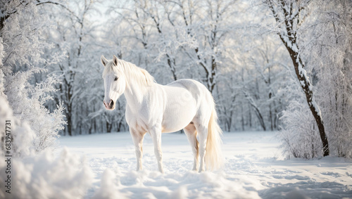 Beautiful white horse in a snowy park