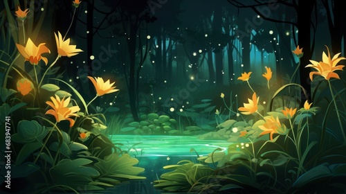  a forest filled with lots of yellow flowers next to a small pond with a firefly flying over the top of it.