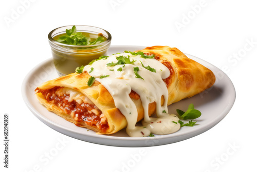 Calzone pizza on a white plate isolated on a transparent background