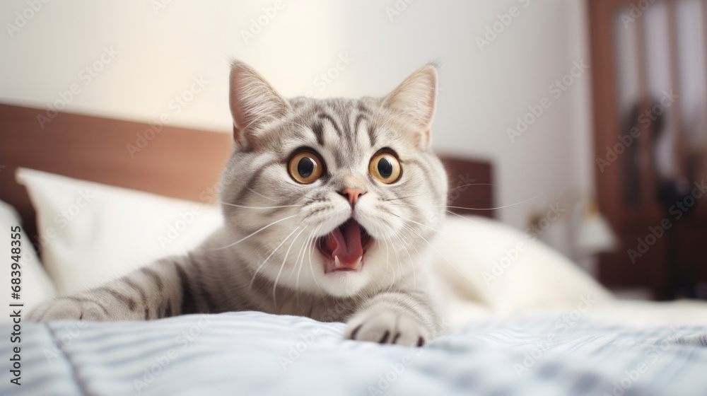 shocked domestic cat sit on the humans bed, look at the camera, concept of relaxed and cozy wellbeing