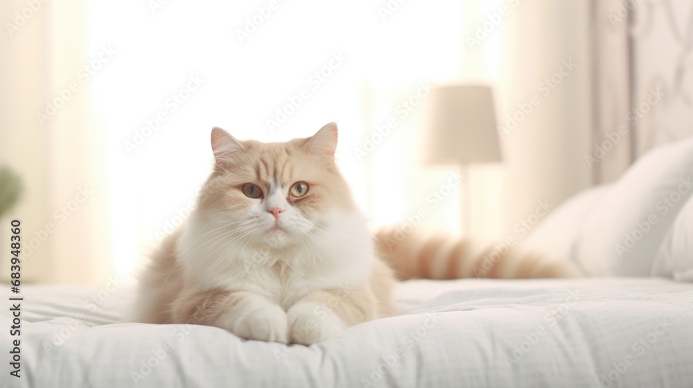 cute domestic cat sit on the humans bed, look at the camera, concept of relaxed and cozy wellbeing