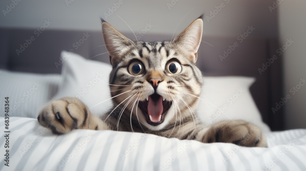 shocked domestic cat sit on the humans bed, look at the camera, concept of relaxed and cozy wellbeing shocked domestic cat sit on the humans bed, look at the camera, concept of relaxed and cozy wellbeing