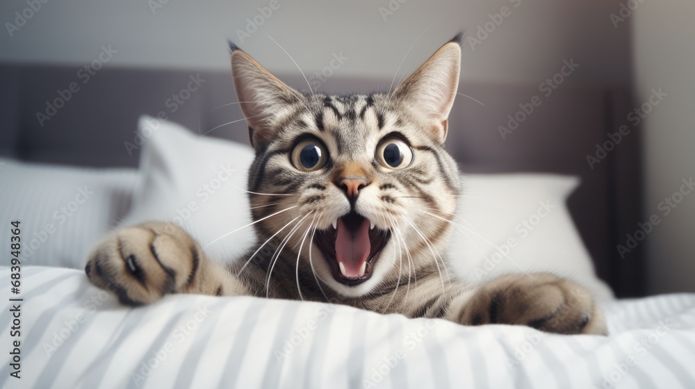 shocked domestic cat sit on the humans bed, look at the camera, concept of relaxed and cozy wellbeing