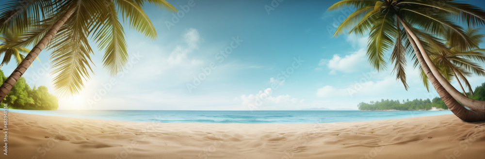 Tropical beach with palm trees and sand. Panoramic banner - obrazy, fototapety, plakaty 