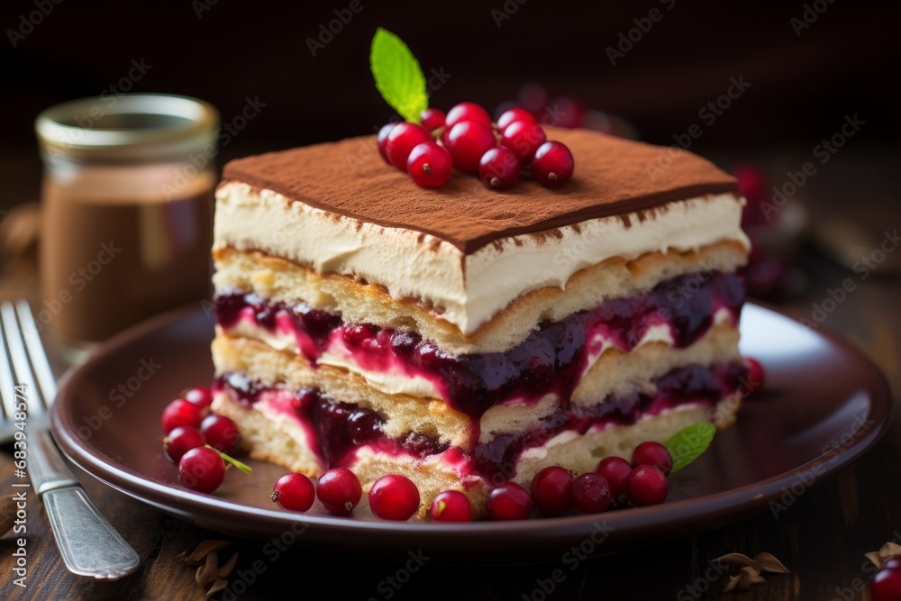 Tiramisu dessert with berry jam, served with red currant, atmospheric photo Tiramisu dessert with berry jam, served with red currant, atmospheric photo
