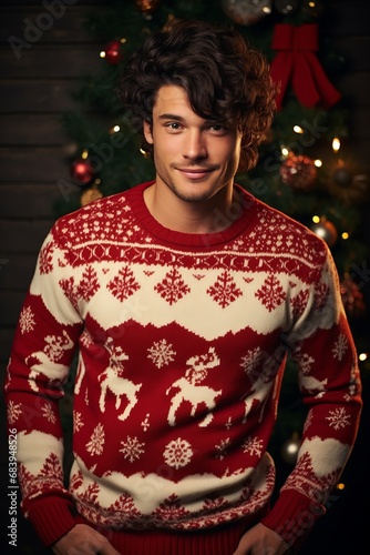 Handsome man wearing ugly Christmas sweater, confident expression