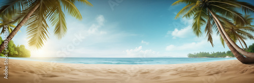 Tropical beach with palm trees and sand. Panoramic banner