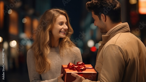 young handsome man gives a gift to a beautiful woman on a city street, date, love, Christmas, Valentine's day, guy and girl, romance, boyfriend, new year, family, couple of lovers, birthday, emotions