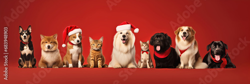 Group of cats and dogs in Santa Claus hats on red background. Christmas and New Year concept.