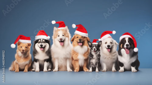 Group of dogs in santa hat on blue background. Christmas concept.