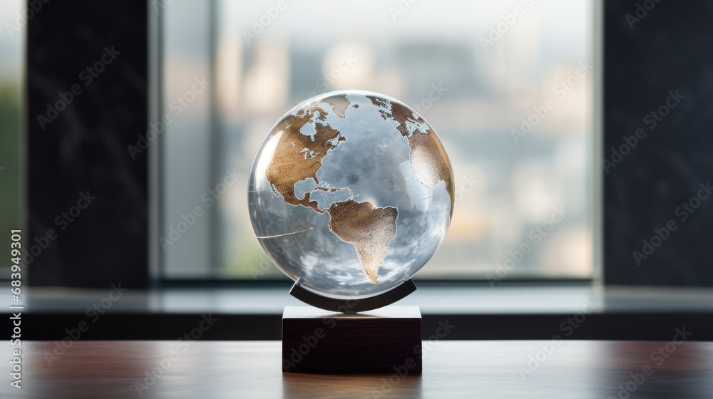 a glass globe sits on a wooden stand in front of a window with a cityscape in the background. a glass globe sits on a wooden stand in front of a window with a cityscape in the background.