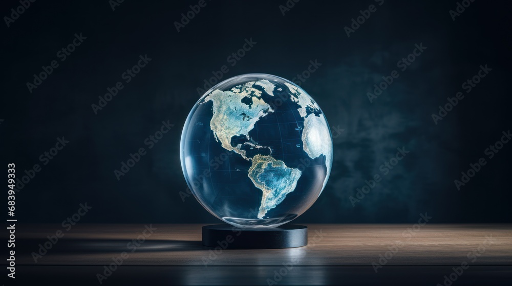  a glass globe on a wooden table in a dark room with a black wall behind it and a shadow of the earth in the middle of the globe.