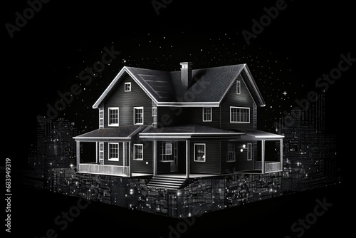 Black and white x-ray scan or holographic projection of a house