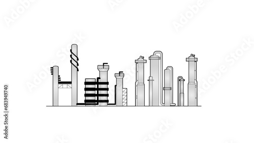 Refinery drawing showing crude oil distillation and gas processing units with vessels, columns, piping, and catwalk