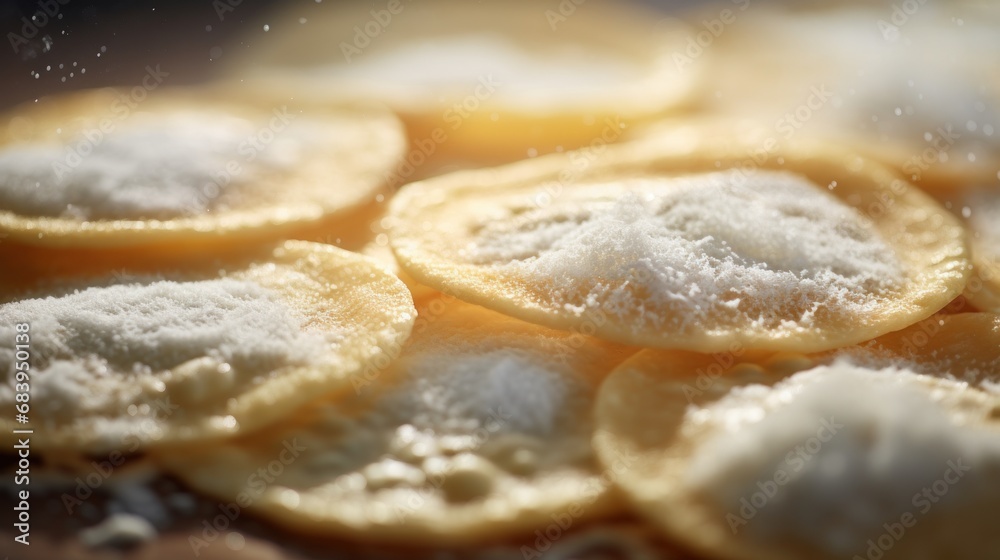 a pile of lemon slices sitting on top of a metal pan filled with powdered sugar on top of them. a pile of lemon slices sitting on top of a metal pan filled with powdered sugar on top of them.