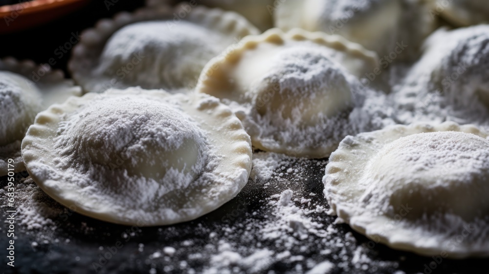 a group of pastries covered in powdered sugar next to a bowl of powdered sugar on a table. a group of pastries covered in powdered sugar next to a bowl of powdered sugar on a table.
