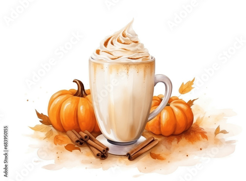 Watercolor isolated element of Seasonal pumpkin spice latte in mug on white background