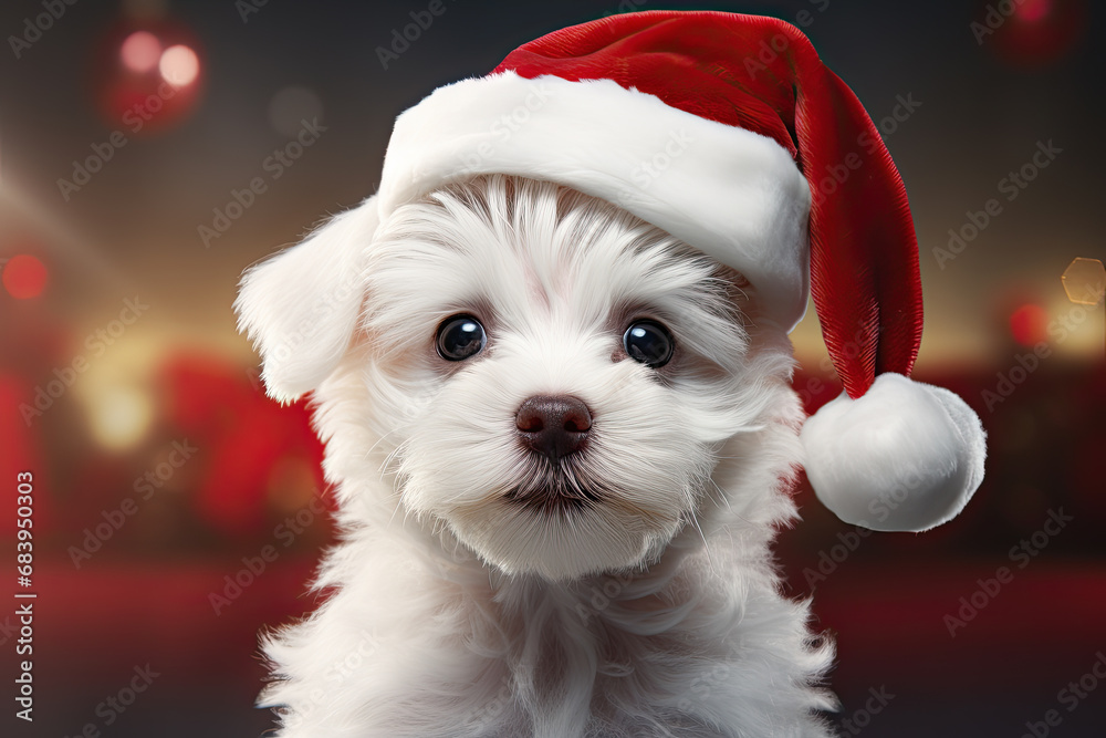 lindo perro blanco caniche con gorro de papá noel sobre fondo rojo desenfocado - obrazy, fototapety, plakaty 