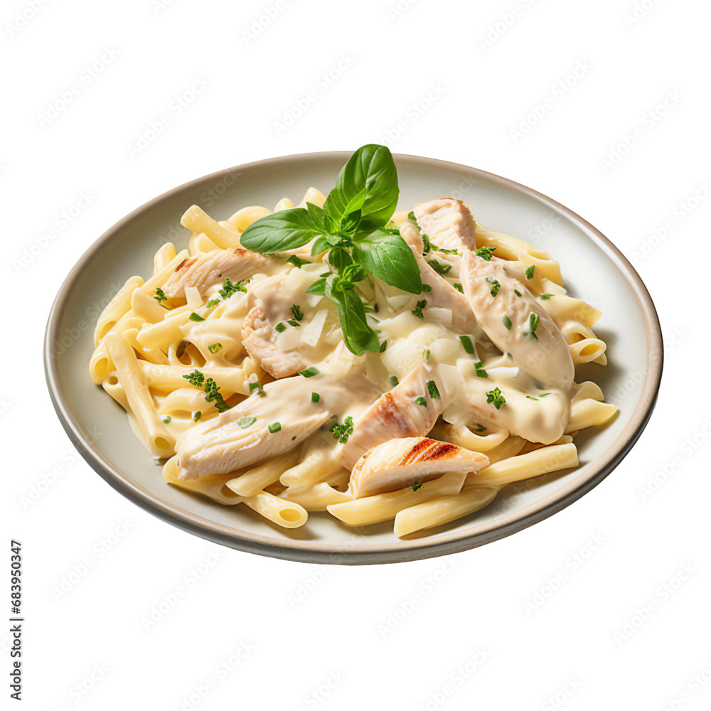 A Plate of Classic Chicken Alfredo Pasta Isolated on a Transparent Background A Plate of Classic Chicken Alfredo Pasta Isolated on a Transparent Background