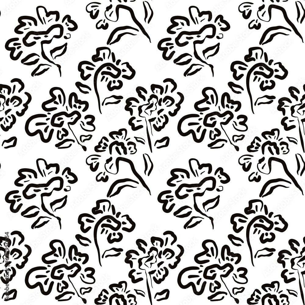 Seamless abstract botanical pattern. Simple background with black, white texture. Digital brush strokes. Flowers. Design for textile fabrics, wrapping paper, background, wallpaper, cover.