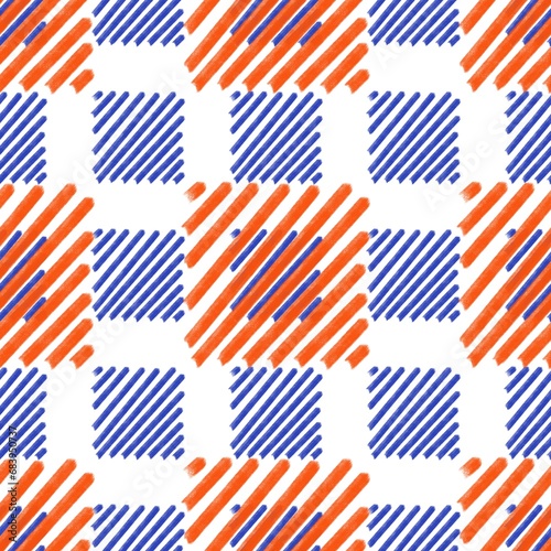 Seamless abstract geometric pattern. Blue, orange, white. Illustration. Abstract squares, lines. Digital brush strokes. Design for textile fabrics, wrapping paper, background, wallpaper, cover.