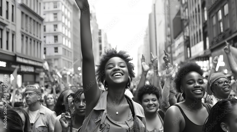 Fototapeta premium immigrant families and minority people on a protest march for civil rights minority or womans rights social justice and equality. Black and white image, focused on the young girl in front leading the