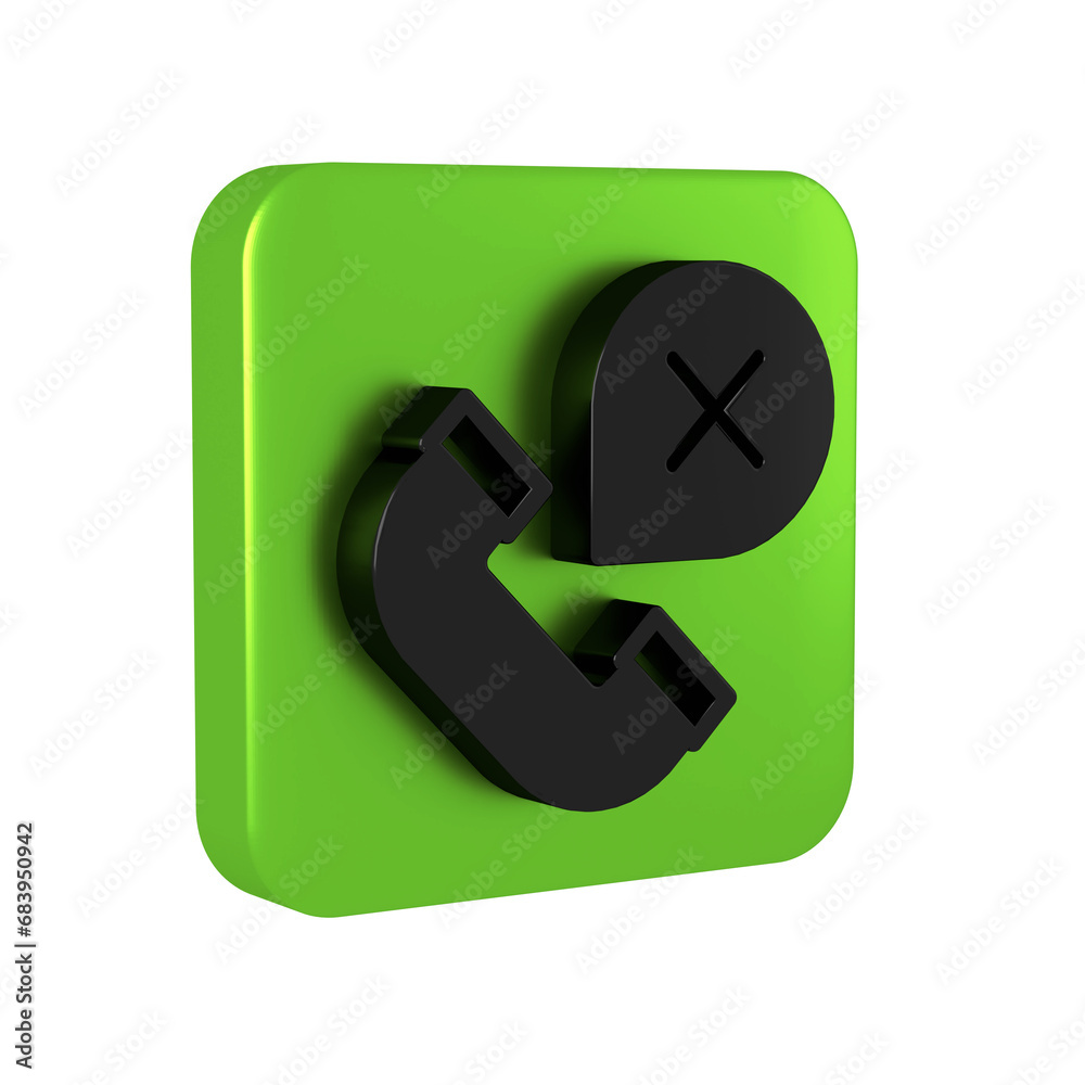 Black Declined or missed phone call icon isolated on transparent background. Telephone handset. Phone sign. Green square button. Black Declined or missed phone call icon isolated on transparent background. Telephone handset. Phone sign. Green square button.