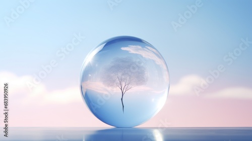  a glass sphere with a tree in the middle of it and a blue sky in the middle of the sphere.