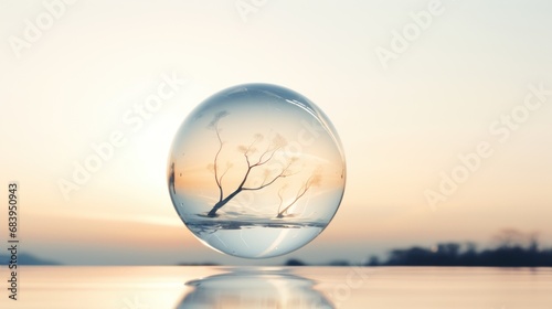  an egg with a tree inside of it floating on a body of water with a setting sun in the background.