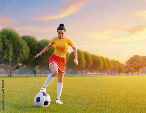 Action picture of sport player playing soccer football for exercise at green grass field park under the sunset. Picture with copy space. © Donald