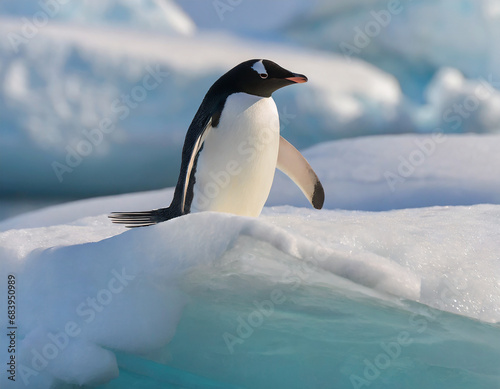 Adelie penguin  Pygoscelis adeliae  on iceberg. Graham Passage  Antarctic Peninsula  Antarctica.