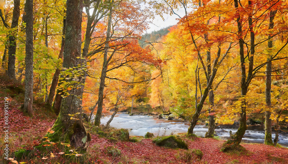 autumn colors in a forest with trees and a river