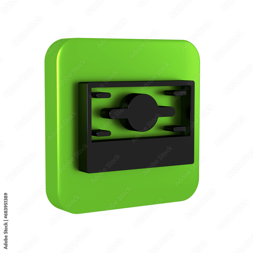 Black Stacks paper money cash icon isolated on transparent background. Money banknotes stacks. Bill currency. Green square button. Black Stacks paper money cash icon isolated on transparent background. Money banknotes stacks. Bill currency. Green square button.