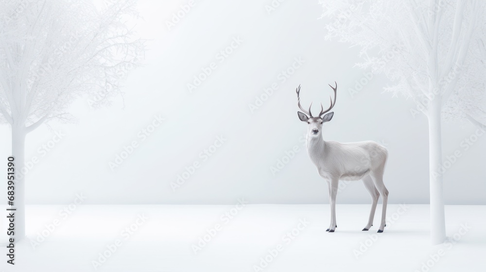 a white deer standing in the middle of a forest with trees on both sides of it and a foggy sky in the background. a white deer standing in the middle of a forest with trees on both sides of it and a foggy sky in the background.