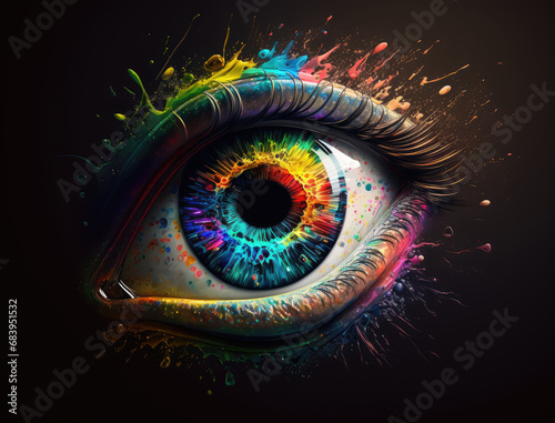 Close up of female eye with colorful iris. Human Eye under neon light. Female eye with rainbow paint splashes on black background. Eye illustration, Psy art