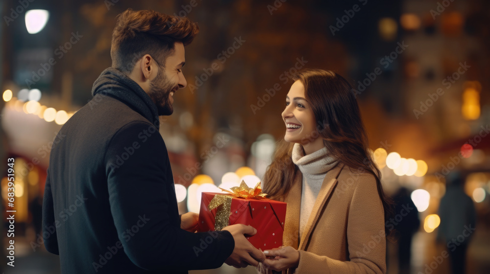 young handsome man gives a gift to a beautiful woman on a city street, date, love, Christmas, Valentine's day, guy and girl, romance, boyfriend, new year, family, couple of lovers, birthday, emotions young handsome man gives a gift to a beautiful woman on a city street, date, love, Christmas, Valentine's day, guy and girl, romance, boyfriend, new year, family, couple of lovers, birthday, emotions